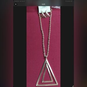 Silver LRG DOUBLE In GEOMETRIC Triangle Pendant Necklace Earring Set vintage NW